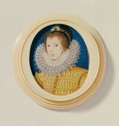 Keltainen nuorukainen, jolla on hattu ja sulka, noin 1585-90 (wc pergamentille).