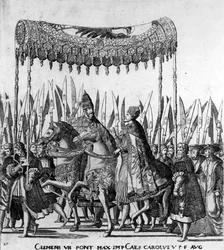 Paavi Klemens VII:n ja keisari Kaarle V:n saapuminen Bolognaan 24. helmikuuta 1530, levy 27, n. 1530 (472273:n yksityiskohta)