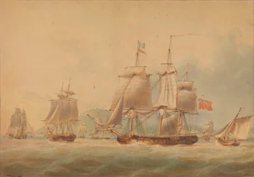 Saattue lähdössä, mukana fregatti [mahdollisesti "Triton" (1796)].