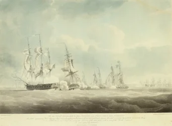 HMS "Pallas" ohittaa La Minerven, La Lynxin, Palinuren ja Sylphin tuulen suunnassa.