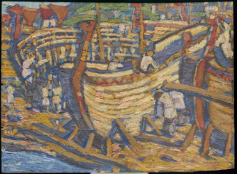 Laivojen rakentaminen. Luonnos samannimiseen maalaukseen, 1903