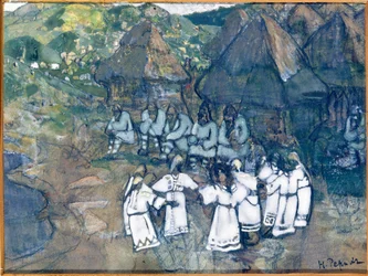 Ympyrätanssi (pyöreä). Nicolas (Nicholas) Roerichin (1874-1947) työ, akvarelli ja guassi paperille, noin 1900-1910. Venäjän taide, 1900-luku, symboliikka; Tasavallan Bashkortostanin valtion M. Nesterovin taidemuseo, Ufa (Venäjä).