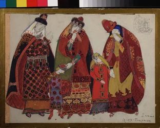 Naiset ja lapset. Pukuprojektit Alexandre Borodinin (Borodin) (1833-1887) oopperaan Prinssi Igor. Nicholas Roerichin (1874-1947) työ, kynä, guassi ja muste paperille