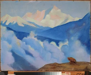 Himalaja (Tiibet). Nicholas Roerichin (1874-1947) työ, tempera pahville