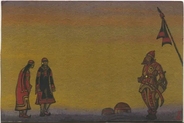 Polovtsialaiset, polovtsilaiset ja neitsyt, pukusuunnittelu Borodinin oopperan "Prince Igor" "Polovtsian tanssiin" 1943