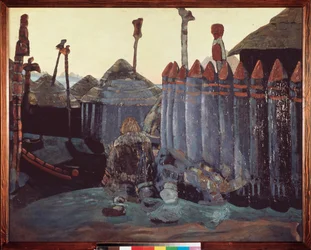 Pakanallinen kumpu. (Keskiaika, Ukraina). Nicolas (Nicholas) Roerichin (1874-1947) työ, tempera pahville