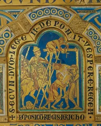 Jerikon kuninkaan katkaiseminen hirsipuuhun (kupari).