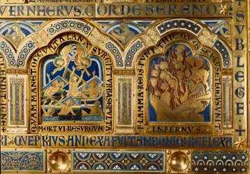 Nicolas de Verdunin (n. 1130/50-1205) kullasta ja enamaillesta tekemä Verdun-alttari: kohtauksia Vanhasta ja Uudesta testamentista: yksityiskohta, joka kuvaa kuolleiden jättämistä haudastaan viimeisen tuomion päivänä ja pirun liekeissä palavia helvetistä. 