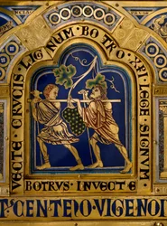 Nicolas de Verdunin (n. 1130/50-1205) kullasta ja emalista tekemä Verdun-alttari: kohtauksia Vanhasta ja Uudesta testamentista: yksityiskohta, joka edustaa Josuen ja Calebin paluuta valtavan viinirypäletertun kanssa Kanaanin maasta (Luvattu Maa). 1100-luvu