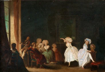 Niklas Lafrensenin tanssikoulu, joka tunnetaan nimellä Nicolas Lavreince tai Lavrince (1737-1807). Öljy puulle, koko: 26,5x40, , Yksityiskokoelma