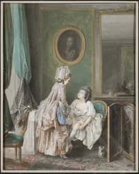 Nainen pukee sukkiaan - Nainen pukee sukkiaan, kirjoittanut Lafrensen, Niclas (Nicolas Lavreince) (1737-1807). Guassi paperille