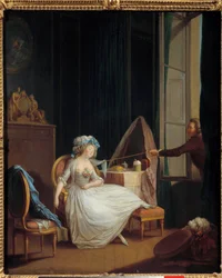 Kevytmielinen rakkaus Mies löytää rinnallaan nukkuvan nuoren naisen rinnan. Niklas Lavreincen (1737-1807) maalaus. 1700-luvun Pariisi. Musee Cognacq Jay
