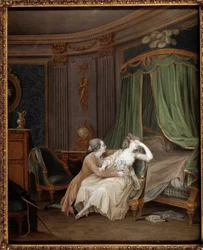 Myöhäinen parannus Mies, luultavasti tunnustaa morsiamelleen uskottoman, joka pyörtyy. Niklas Lavreincen (1737-1807) maalaus 1700-luvun Pariisissa, Musee Cognacq Jay
