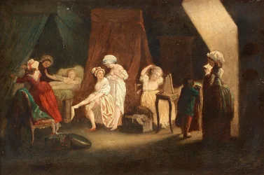 Lever des ouvrieres en mode, Lafrensen, Niklas (Nicolas Lavreince tai Lavrince) (1737-1807). Öljy puulle, koko: 27x39, , Yksityiskokoelma
