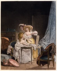 Vertailu. Kaksi naista vertailee rintojensa kokoa. Nicolas Lavreincen (1737-1807) kaiverrus, noin 1782.