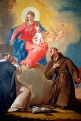 Kansallisgalleria. Ruusukon Neitsyt Maria pyhän Dominikuksen ja pyhän Franciscus Assisilaisen kanssa. 1700-luku. Ljubljana. Slovenia.