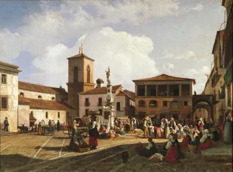 Benevento (Campanian alue), Orsini-aukio, jossa on katedraalin kellotorni ja paavi Orsinille omistettu suihkulähde (öljy kankaalle)