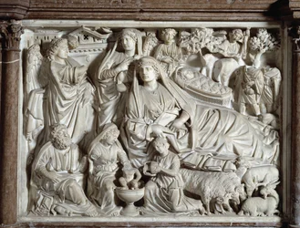Ilmoitus ja syntymä Tuolin toteuttaja Nicola Pisano (1215 / 20-1278 / 84) (Marmorisaarnatuoli) 1260 Baptistere Saint John of Pisa (Battistero San Giovanni di Pisa), Italia