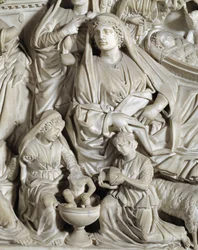 La nativite (syntymä) Yksityiskohta Tuolin toteuttaja Nicola Pisano (1215 / 20-1278 / 84) (Marmorisaarnatuoli) 1260 Baptistere Saint John of Pisa (Battistero san Giovanni di Pisa), Italia