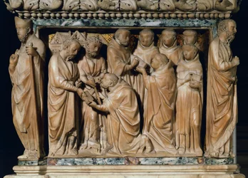 Apostolit Pietari ja Paavali ilmestyvät Pyhälle Dominicille, koristereliefi Arca di San Domenicosta, Nicola Pisano ja hänen työpajansa, marmori, San Domenicon kappeli, San Domenicon basilika, Bologna, Emilia-Romagna, Italia