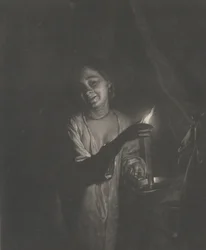 Nuori nainen pitelee kynttilää makuuhuoneessa, 1690-1715, 1690-1715.