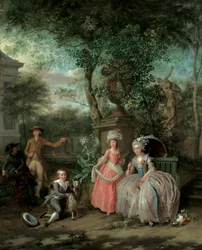 Ryhmäkuva perheestä koristepuutarhassa, 1791