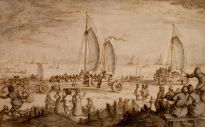 PD.851-1963 Prins Maurits of Nassaun maajahdit Scheveningenin rannalla, n. 1614-15 (muste & pesu)
