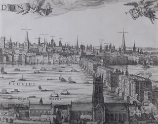 Panorama of London and Thames, osa kolmas näyttää Southwarkin, London Bridgen ja kaupungin kirkot, noin 1600 (katso myös 7214, 64730 ja 64732)