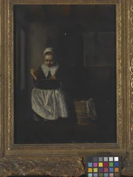 Tyttö ompelu (öljy puulle)