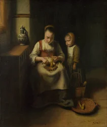 Nainen kaapimassa palsternakkaa, ja hänen vieressään seisoo lapsi, 1655