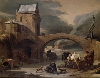 Talvimaisema talonpoikien ja hevosten kanssa jäätyneellä kanavalla linnoitussillan varrella, n. 1660-70 (öljy paneelissa)