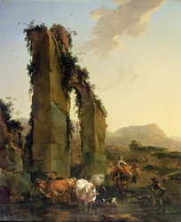 Talonpojat karjan kanssa raunioidun akveduktin luona, n. 1655-1660 (öljy kankaalle)