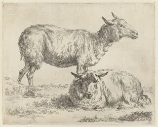 Staand en liggend schaap Schapen (sarjan nimi) Studio and Art of Nicolai Berchem (sarjan nimi) herättää elämään ja painaa veteen voimakkaalla ilmalla eläimet