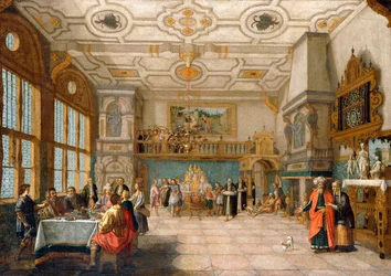 Lasarus juhlasalin ovella tyylikkäiden hahmojen ruokailutilassa, 1622