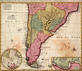 Kartta Paraguaysta, Chilestä, Magellaninsalmen ja Tulimaan salmen alueesta Etelä-Amerikassa, noin 1720 (värillinen kaiverrus).