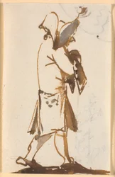 Karikatyyri kävelevästä miehestä, jolla on kolmion muotoinen hattu, profiilissa t.h.
