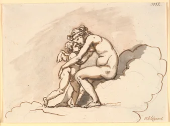 Pilvissä istuva Venus syleilee Cupidoa