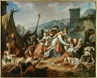 Monsignor de Belsuncen palvominen Marseillessa vuoden 1720 ruton aikana. Nicolas Monsiaun (1754-1837) maalaus