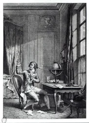 St. Preux vastaanottamassa Julien muotokuvaa, kuvitus Jean-Jacques Rousseaun (1712-78) La Nouvelle Heloise -teoksesta