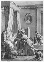 Bosonin lääkärin vierailu, kuvitus Jean-Jacques Rousseaun (1712-78) "La Nouvelle Heloise" -teoksesta, kaivertanut Noel Le Mire (1724-1800)