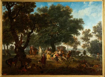 ""Ranskan kuninkaan Henri IV:n (1553-1610) ja hänen sarjansa metsästysseurueet" (Henri IV And His Suite Hunting) Nicolas Antoine Taunayn (1755-1830) maalaus