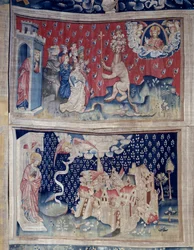 Ilmestyskirjan ripustus (1373-1383), n. 42: Beten palvonta (?). N. 49: Babylonin kukistuminen. Nicolas Bataillen kuvakudos (1330-1405)