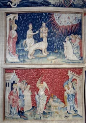 Ilmestyskirjan ripustus (1373-1383), n. 44: Maan Bete saa tulta putoamaan taivaasta. Alla, n. 51, kolmas enkeli ja karitsa. Nicolas Bataillen kuvakudos (1330-1405)