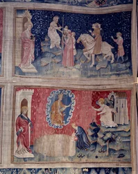 Ilmestyskirjan ripustus (1373-1383), n. 46: Bete tuo numeronsa kaikille: 666. Alla n. 53, valittujen sato. Nicolas Bataillen kuvakudos (1330-1405)