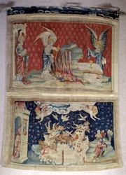 Ilmestyskirjan ripustus (1373-1383), n. 59: toinen ja kolmas pullo valuu meren ja vesien yli. Alakerrassa, n. 66, demonit valtaavat Babylonin. Nicolas Bataillen kuvakudos (1330-1405)