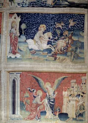 Ilmestyskirjan ripustus (1373-1383), n. 70: Jumalan Sana lataa punajuuret. N. 74: Pyhä Johannes ennen enkeliä ja Jerusalem Uusi. Nicolas Bataillen kuvakudos (1330-1405)