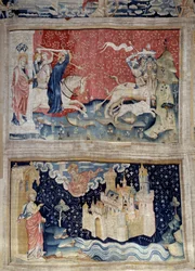 Ilmestyskirjan ripustus (1373-1383), n. 69: Jumalan verbi lataa Betes. N. 73: Pyhä kaupunki tai Uusi Jerusalem. Nicolas Bataillen kuvakudos (1330-1405)