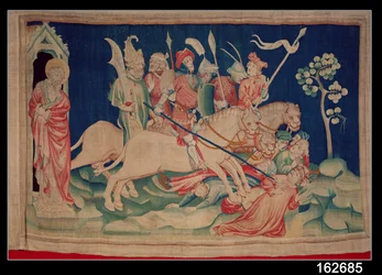 Myriadeja ratsumiehiä, numero 26 teoksesta "Angersin maailmanloppu", 1373-87 (kuvakudos).