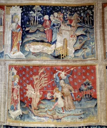 Apokalypsin esirippu: ruumiit makaavat maassa, lohikäärme taistelee munkin ja maakuntien inkarnoimia Jumalan palvelijoita vastaan. 1373-1383. valmistaja Nicolas Bataille (1330-1405) Angers, kuvakudosmuseo