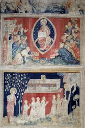 Ilmestyskirjan esirippu (1373-1383), n. 5: vanhukset kumartuvat Kristuksen edessä majesteettisuudessa (Jeesus Kristus kirkkaudessa on esitetty mandorlan sisällä). N. 11: marttyyrien sielut. Nicolas Bataillen kuvakudos (1330-1405)